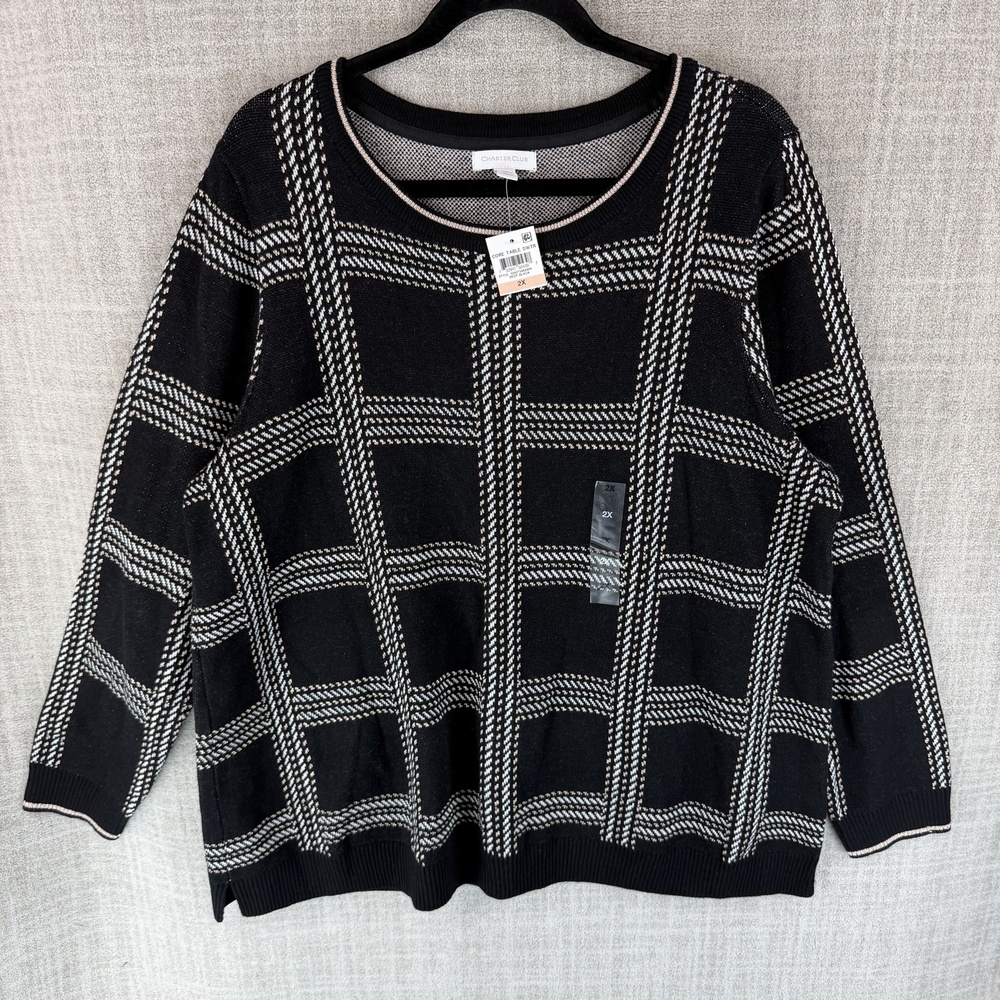 Charter Club Sweater Womens 2X Black Pullover Oversized Plaid Relaxed Fit